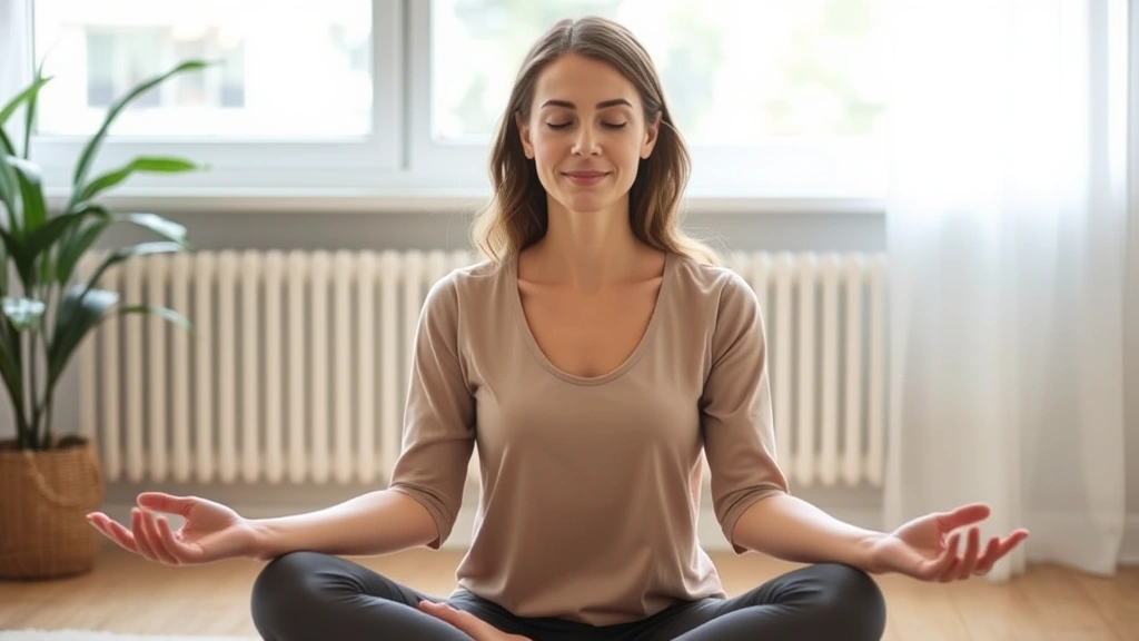 Professional woman sitting in peaceful meditation pose with serene expression, soft natural lighting from window, calm indoor environment, mindfulness and relaxation focus, no text or distracting elements