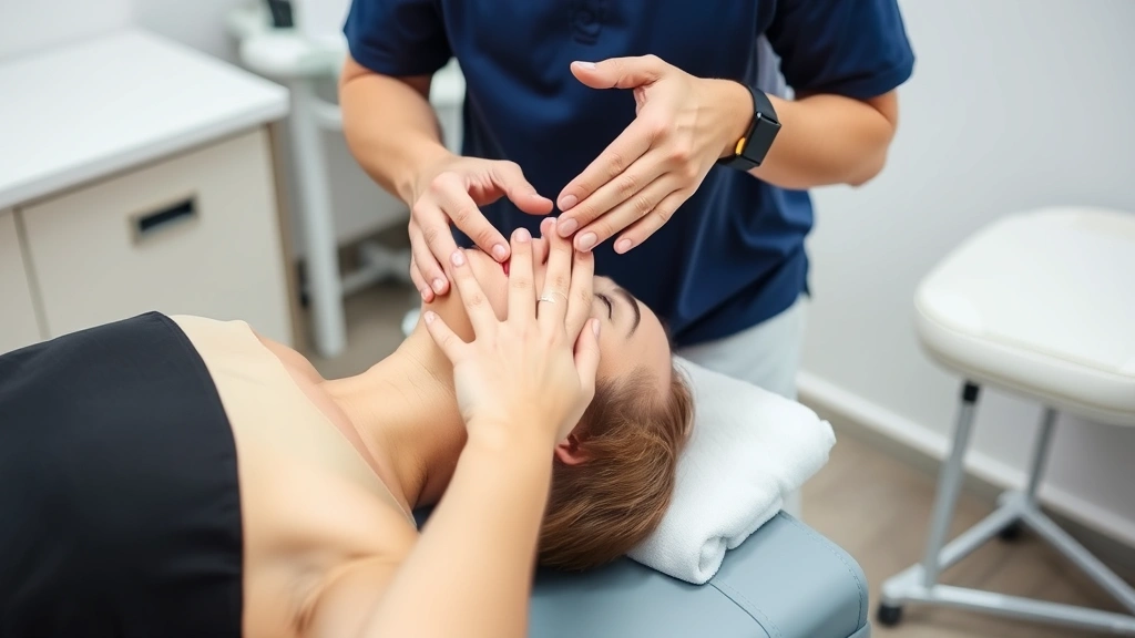 Physical therapist performing manual mobilization on patient's temporomandibular joint, hands-on treatment in clinical setting, professional therapeutic environment, patient lying back in treatment chair