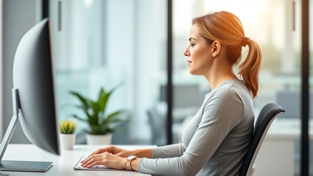 Patient performing TMJ therapeutic exercises with proper posture at desk, demonstrating correct ergonomic positioning, neutral spine alignment, modern office background