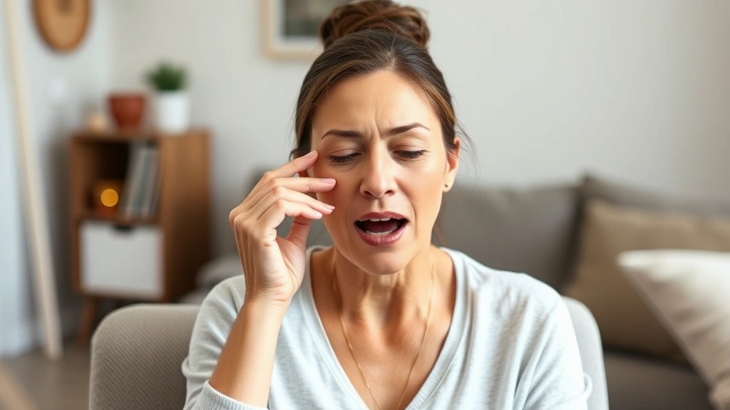 Woman performing therapeutic TMJ exercises at home, sitting with good posture, demonstrating controlled jaw opening movement, bright natural lighting, focused expression showing proper technique execution