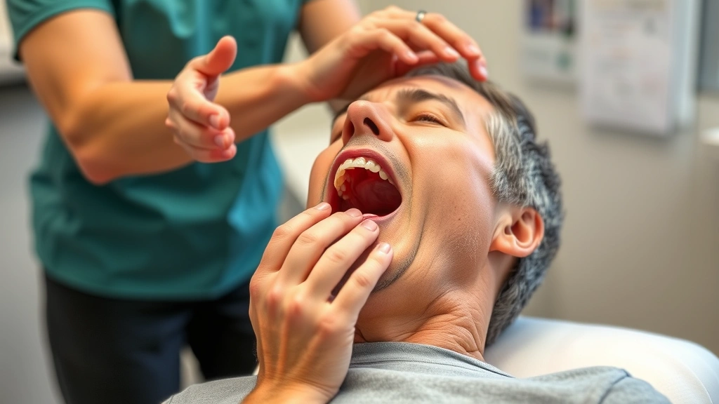 Patient performing guided therapeutic jaw exercises with physical therapist supervision, opening and closing mouth movements, therapeutic exercise demonstration in clinical room, patient education during treatment session
