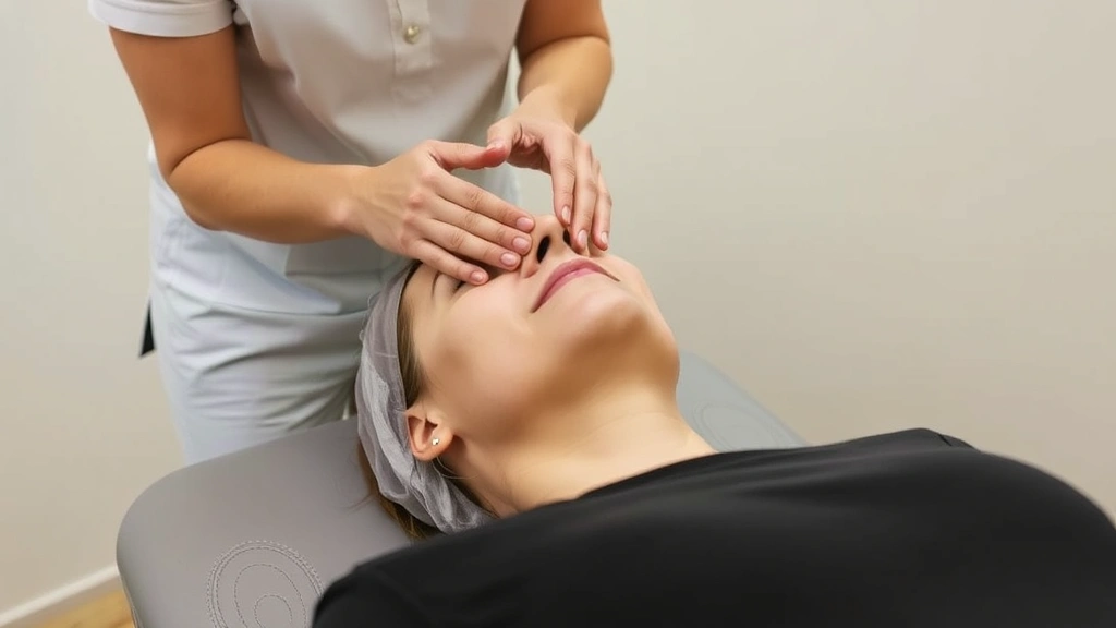 Physical therapist performing gentle jaw mobilization technique on patient lying down, clinical setting with neutral background, hands demonstrating therapeutic technique, professional healthcare interaction