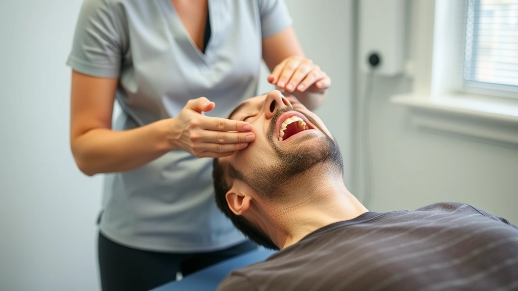 Patient performing guided jaw opening exercise with physical therapist supervision, therapeutic exercise demonstration, clinical rehabilitation setting, proper body posture during treatment