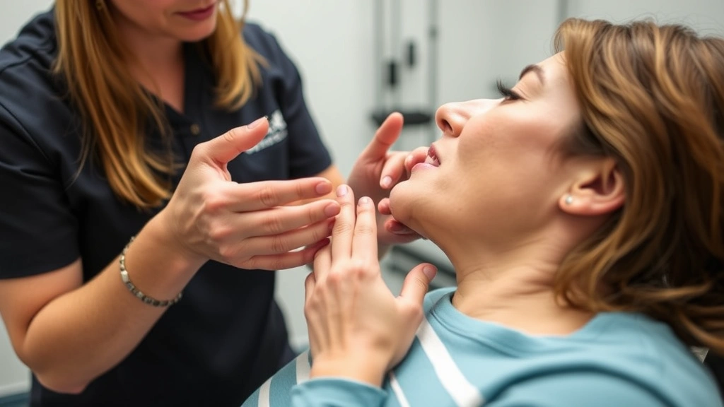 Close-up of therapist guiding patient through jaw stabilization exercises, hands demonstrating proper technique, clinical therapy room with exercise equipment visible