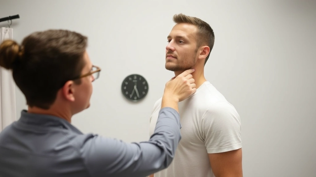 Male patient receiving postural assessment and correction from licensed physical therapist, standing position evaluation, therapist pointing to proper head and shoulder alignment, clinical therapy room environment