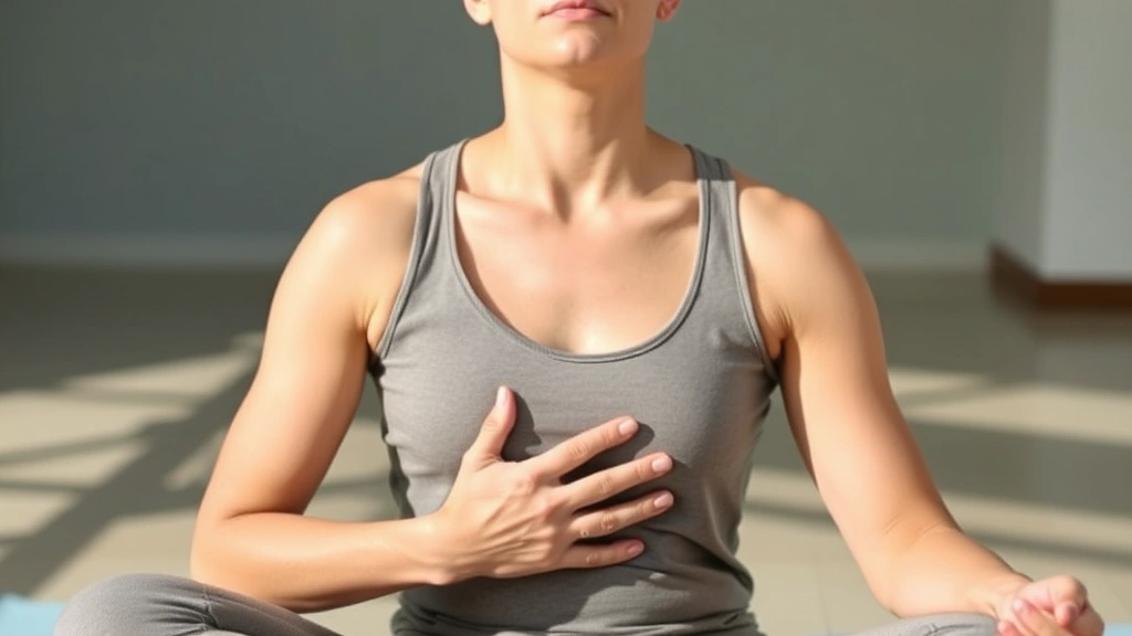 Person practicing diaphragmatic breathing exercise with hand on belly in relaxed seated position, bright natural light, focused and peaceful expression, wellness and stress reduction theme