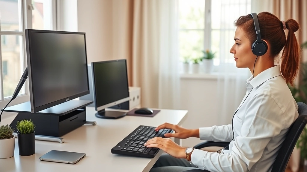 Ergonomic workspace setup showing proper computer monitor height, keyboard position, and sitting posture for TMJ health, home office environment, preventive positioning demonstration