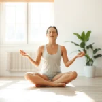 A serene person sitting cross-legged in a peaceful meditation posture in a sunlit room with soft natural light filtering through windows, hands resting gently on knees, eyes closed in peaceful concentration, minimalist background with plants