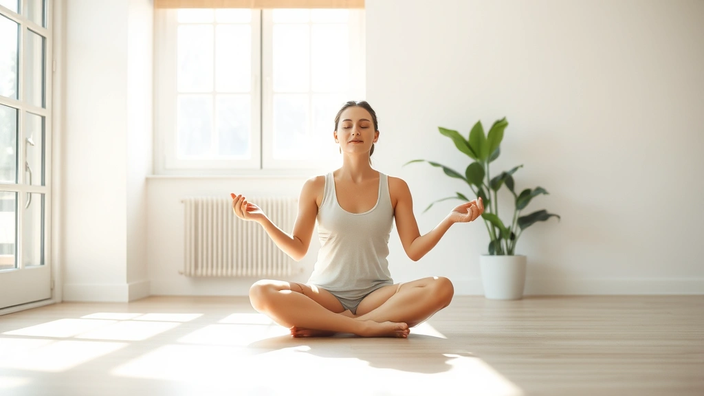 A serene person sitting cross-legged in a peaceful meditation posture in a sunlit room with soft natural light filtering through windows, hands resting gently on knees, eyes closed in peaceful concentration, minimalist background with plants