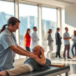 A physical therapist working with a patient in a bright, modern rehabilitation clinic with large windows showing a scenic mountain landscape outside, natural lighting, diverse professionals collaborating in background, photorealistic, warm inviting atmosphere