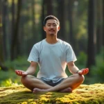 Person meditating in serene natural setting with soft sunlight, peaceful expression, sitting cross-legged on moss, forest background, photorealistic, calm atmosphere