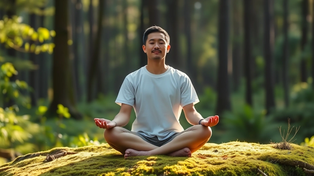 Person meditating in serene natural setting with soft sunlight, peaceful expression, sitting cross-legged on moss, forest background, photorealistic, calm atmosphere