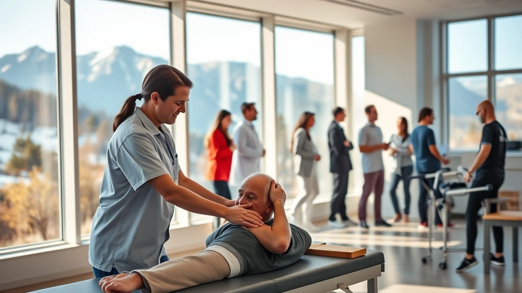 A physical therapist working with a patient in a bright, modern rehabilitation clinic with large windows showing a scenic mountain landscape outside, natural lighting, diverse professionals collaborating in background, photorealistic, warm inviting atmosphere