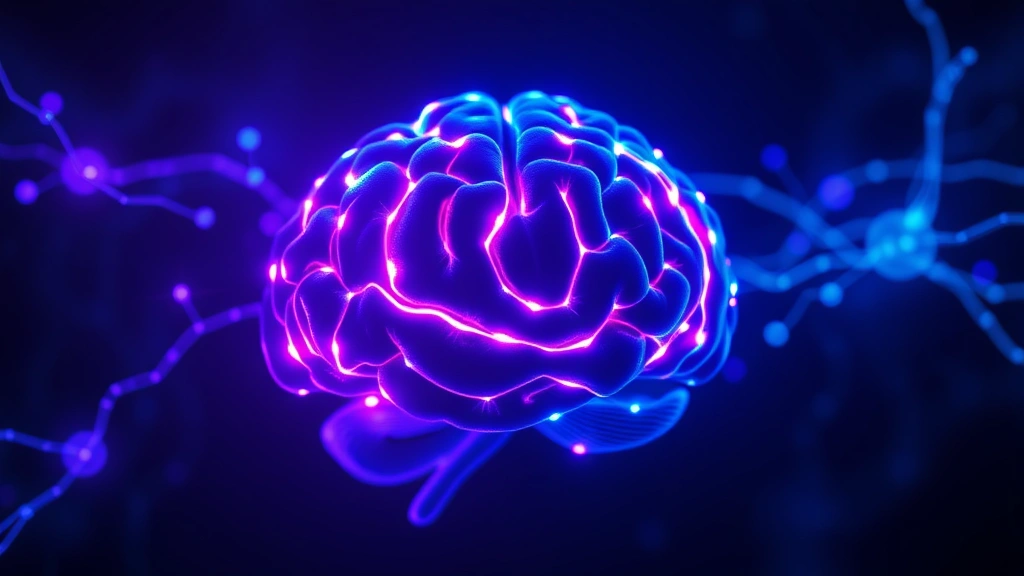 Brain neural pathways glowing with blue and purple light, neuroscience visualization, synapses firing, abstract mindfulness representation, dark background, photorealistic