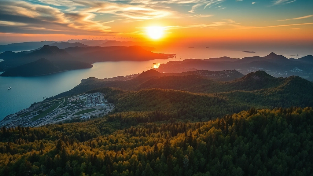 An aerial view of a diverse landscape featuring mountains, coastline, and forest during golden hour sunset, representing travel and exploration destinations, photorealistic, vibrant natural colors without any text or signage
