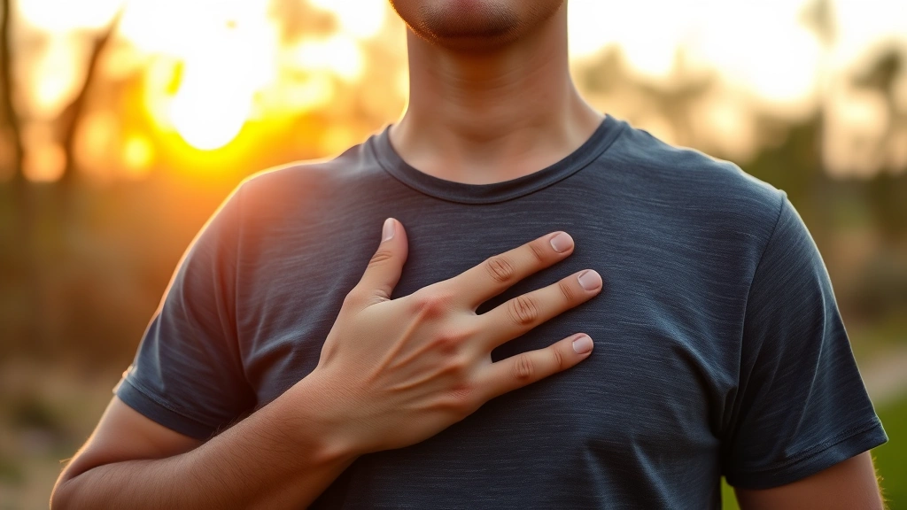 Person practicing mindfulness breathing exercise outdoors, hand on chest, serene expression, sunset lighting, natural environment, peaceful body language, photorealistic