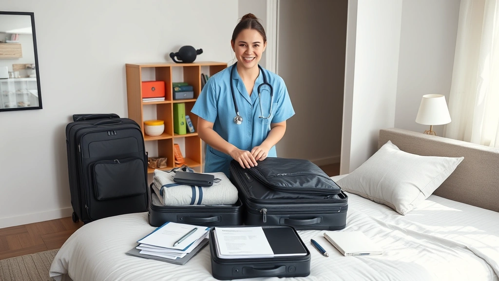 A confident healthcare professional packing luggage in a modern apartment with travel essentials and professional documents organized on a bed, natural lighting, peaceful organized environment, photorealistic, representing preparation for travel assignments