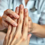 Close-up of hands performing therapeutic stretching exercises on fingers, showing proper technique with warm lighting and focused expression, professional medical setting