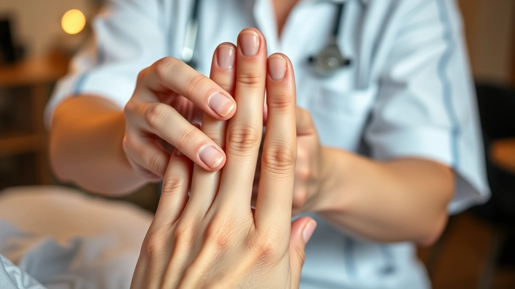 Close-up of hands performing therapeutic stretching exercises on fingers, showing proper technique with warm lighting and focused expression, professional medical setting