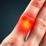 Close-up of a hand showing inflamed finger joint with visible swelling and redness, medical illustration style with anatomical detail, photorealistic rendering