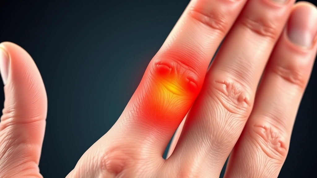 Close-up of a hand showing inflamed finger joint with visible swelling and redness, medical illustration style with anatomical detail, photorealistic rendering