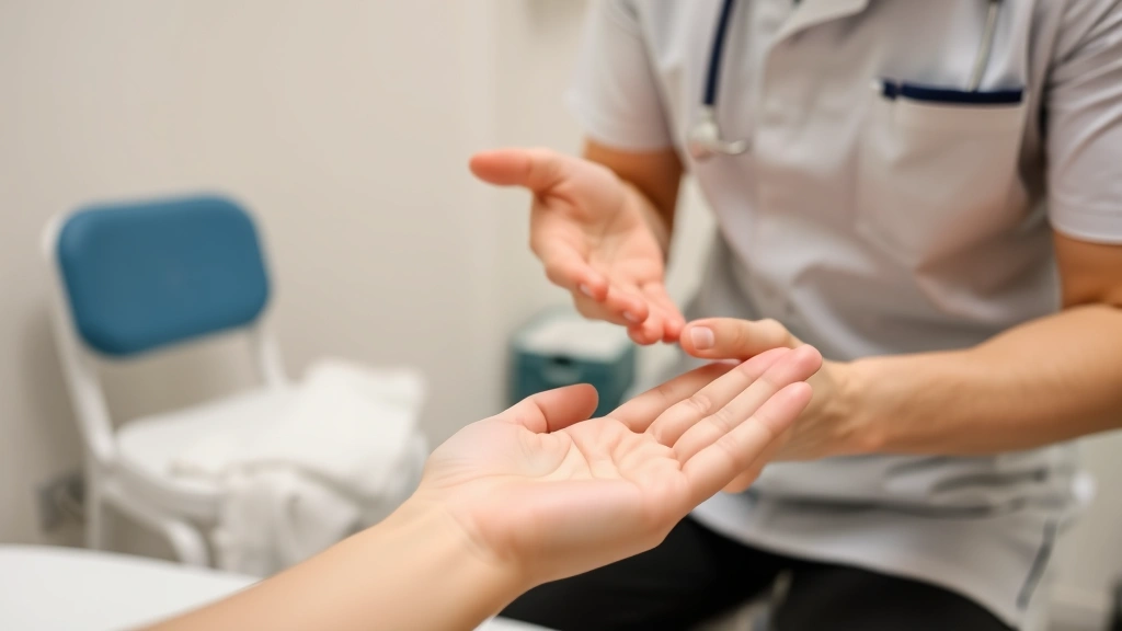 Professional hand therapist performing manual therapy on patient's palm and fingers, showing gentle mobilization technique with focused expression, medical clinic setting with neutral background