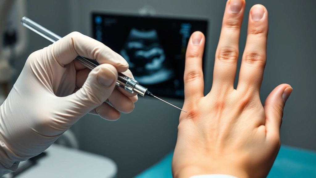 Ultrasound-guided injection procedure being performed on hand at base of finger, showing needle placement with ultrasound probe, sterile medical environment with healthcare provider