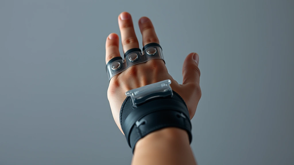 Close-up of hand wearing therapeutic night splint device, finger extended in proper position, showing the clear plastic orthotic material and secure strapping, soft lighting on wrist