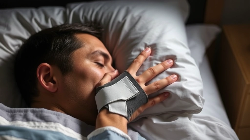 Patient wearing night splint on finger during sleep, showing proper positioning and comfort, peaceful resting position with soft medical-grade splint material visible