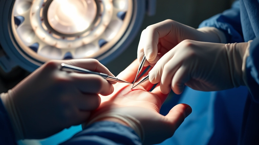 Surgeon's hands performing trigger finger release surgery with precision instruments under surgical lights, sterile gloved hands working on patient's palm, magnified view of surgical site