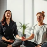 Professional therapist and patient in calm meditation session, serene office environment with soft natural lighting, peaceful expression on both faces, modern minimalist interior design with plants