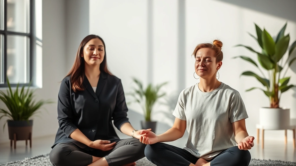 Professional therapist and patient in calm meditation session, serene office environment with soft natural lighting, peaceful expression on both faces, modern minimalist interior design with plants