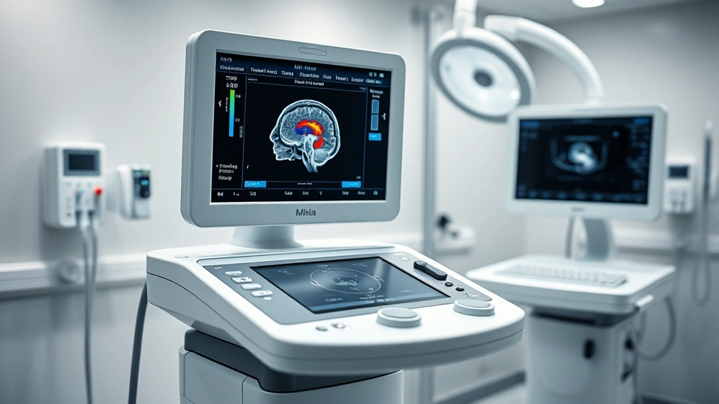 Modern clinical ultrasound therapy device with advanced digital display showing brain imaging interface, sleek medical equipment in contemporary hospital setting, photorealistic professional medical technology
