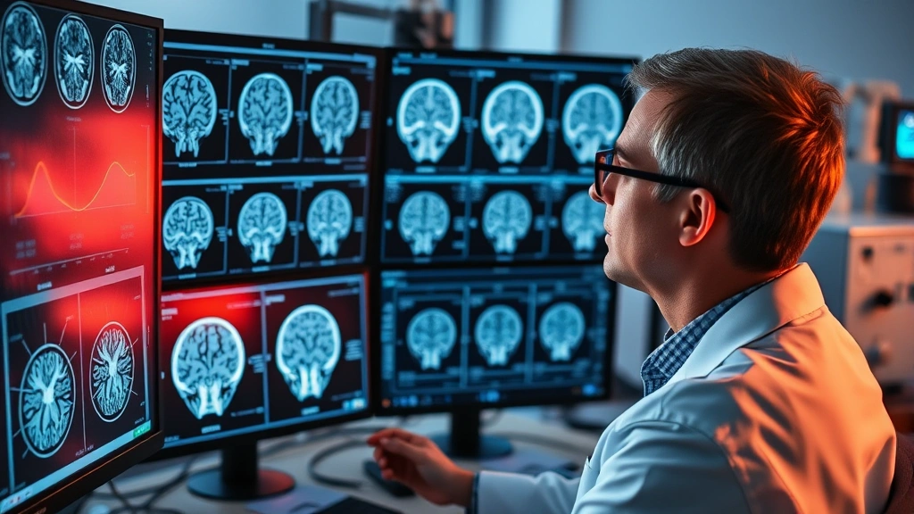 Neuroscientist examining brain scan data on multiple high-resolution monitors, advanced neuroimaging laboratory with cutting-edge equipment, focused professional conducting psychiatric research