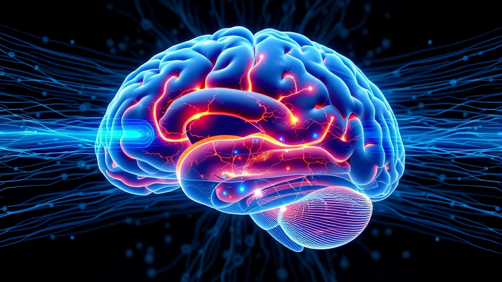 Therapeutic ultrasound waves visualized as blue acoustic energy penetrating brain tissue in cross-section, scientific illustration style showing neural networks and targeted brain regions, medical accuracy