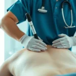 Professional medical practitioner performing vacuum therapy treatment on patient's back using specialized cups and equipment in clinical setting with modern lighting