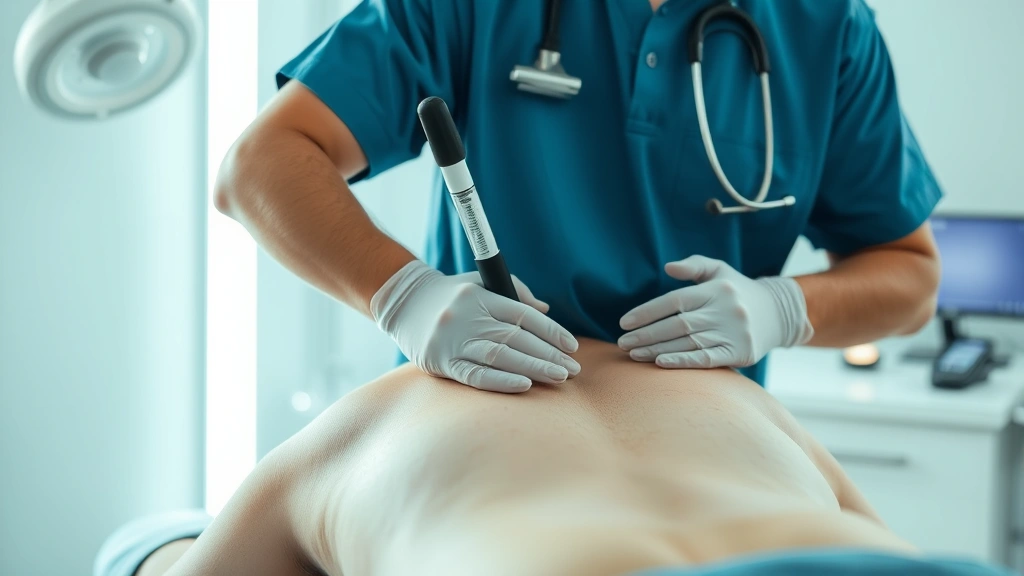 Professional medical practitioner performing vacuum therapy treatment on patient's back using specialized cups and equipment in clinical setting with modern lighting