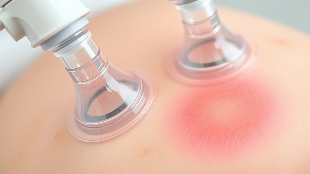 Close-up of vacuum therapy cups with visible suction effect on skin surface, showing redness and tissue elevation, medical illustration style, professional medical equipment visible, neutral background
