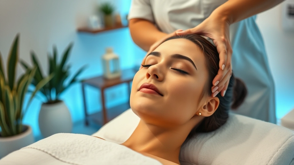 Calm person receiving therapeutic treatment in serene wellness center, soft ambient lighting, professional practitioner performing gentle technique, peaceful facial expression, modern clinical spa environment with plants and calming decor