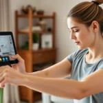 Female patient in home setting performing resistance band exercise during video call with physical therapist on tablet, natural lighting, focused on proper exercise form and posture