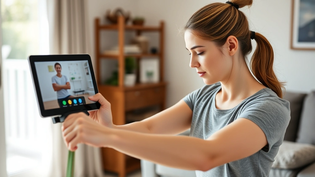 Female patient in home setting performing resistance band exercise during video call with physical therapist on tablet, natural lighting, focused on proper exercise form and posture