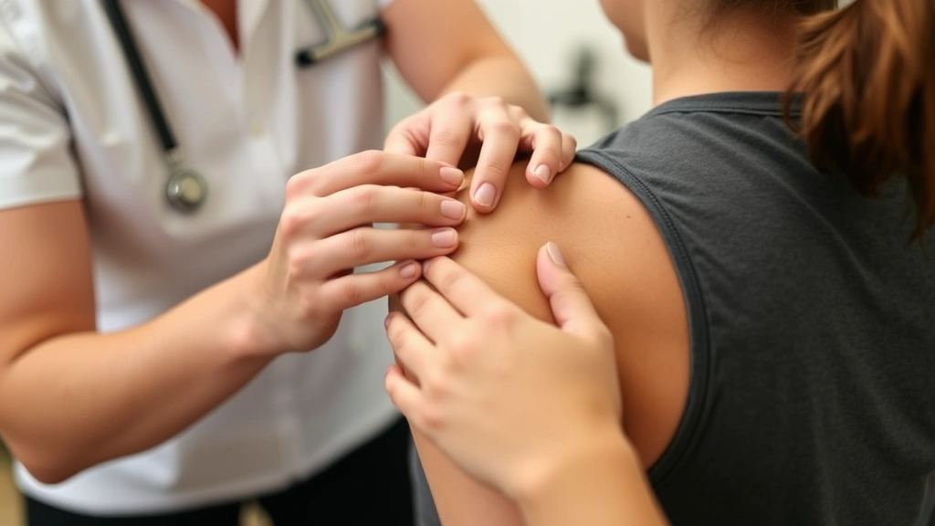 Close-up of therapist hands demonstrating proper movement technique on patient's shoulder during in-person session, clinical setting, professional rehabilitation environment