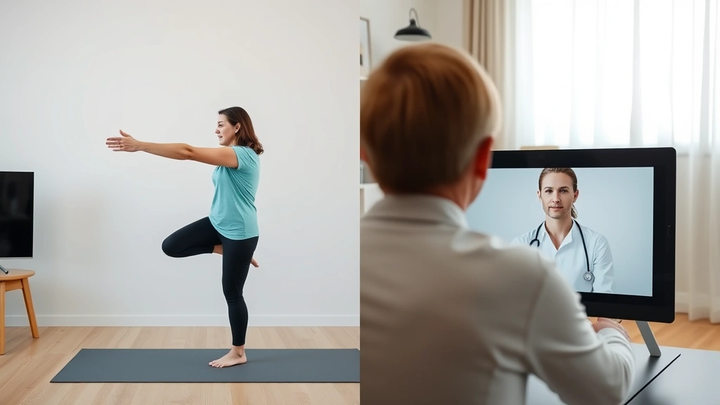 Split-screen comparison showing patient performing balance exercise at home on one side and therapist monitoring form through video call interface on other side, modern telehealth setup