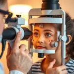 Professional optometrist performing visual acuity assessment on young child using specialized eye chart equipment in modern clinical setting, warm lighting, close-up on eye examination process