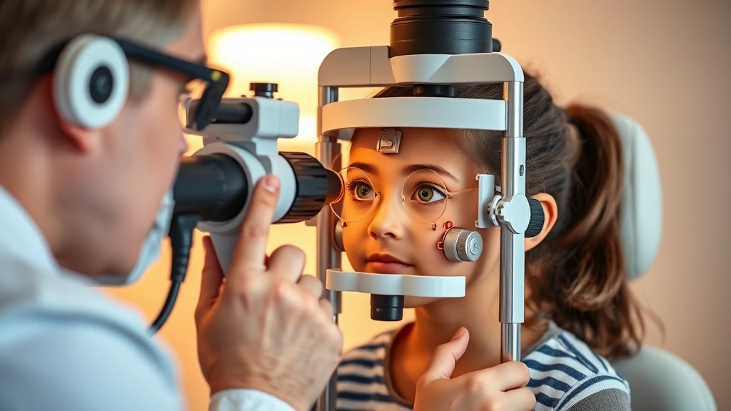 Professional optometrist performing visual acuity assessment on young child using specialized eye chart equipment in modern clinical setting, warm lighting, close-up on eye examination process