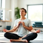 A serene patient sitting cross-legged in a bright, modern physical therapy clinic performing diaphragmatic breathing exercises, with soft natural light streaming through large windows and therapeutic equipment visible in the blurred background