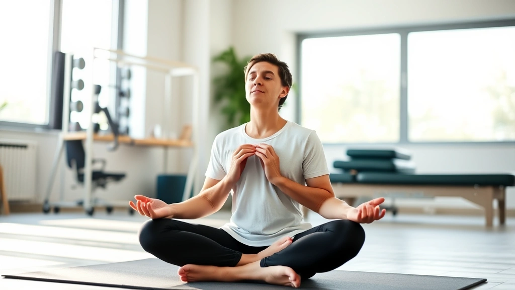 A serene patient sitting cross-legged in a bright, modern physical therapy clinic performing diaphragmatic breathing exercises, with soft natural light streaming through large windows and therapeutic equipment visible in the blurred background
