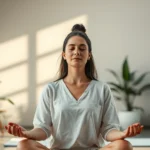 serene person meditating in peaceful wellness center with soft natural light, calm facial expression, modern minimalist therapeutic environment with plants, photorealistic, no text or graphics visible