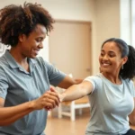 Diverse physical therapist working with patient in bright, welcoming clinic; patient smiling while performing resistance exercise with therapist providing support and guidance