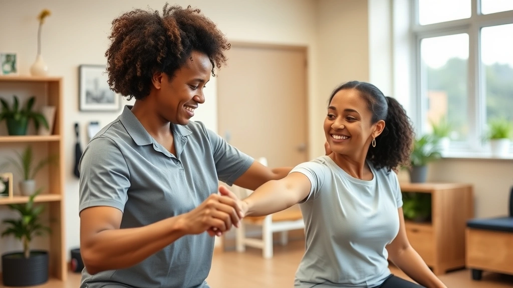 Diverse physical therapist working with patient in bright, welcoming clinic; patient smiling while performing resistance exercise with therapist providing support and guidance